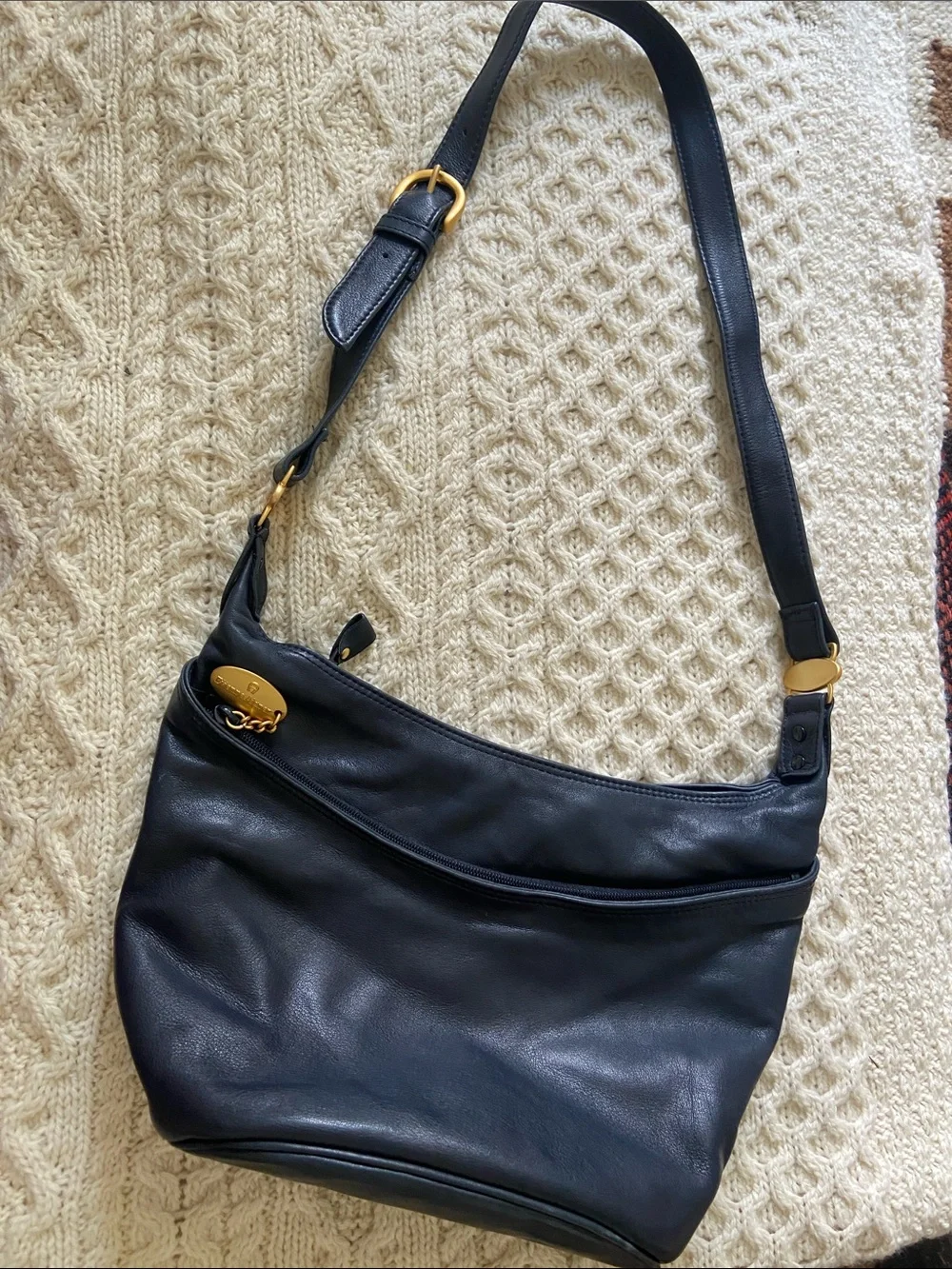 Etienne Aigner Navy Blue Leather Hobo Bag with Gold Hardware